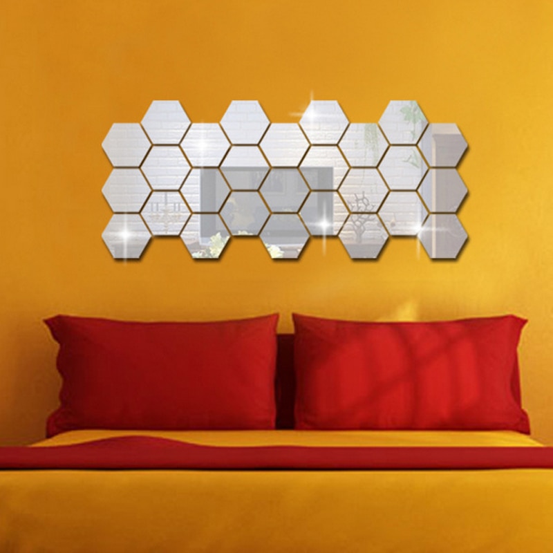 Bộ 12 Miếng Dán Tường Hình Lục Giác Tráng Gương 3D Trang Trí Nhà Cửa DIY