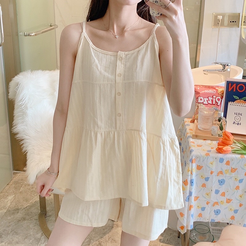 Bộ Đồ Mặc Nhà, Bộ Quần Áo 2 Dây Kiểu Dáng Babaydoll Chât Liệu Thô Dũi Thoáng Mát Chuẩn Size