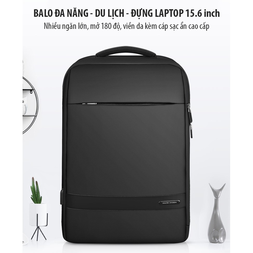 Balo đựng Laptop, Macbook 15.6 inch Mark Ryden nhiều ngăn lớn mở 180 độ viền da kèm cáp sạc ẩn cao cấp