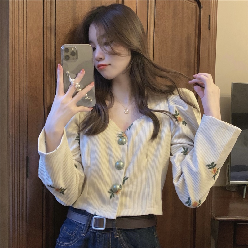Áo Sơ Mi Tay Phồng Ngắn Chất Liệu Nhung Phong Cách Vintage  tao bao