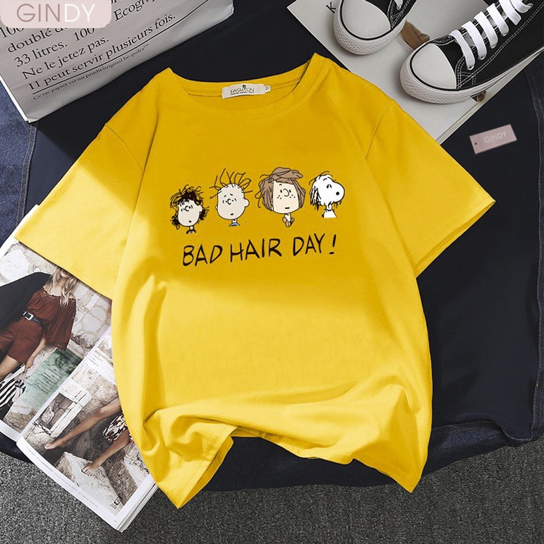 Áo phông cổ tròn nữ dáng basic unisex GINDY tay lỡ in hình Bad Hair Day chất thun lạnh co giãn 4 chiều A20026