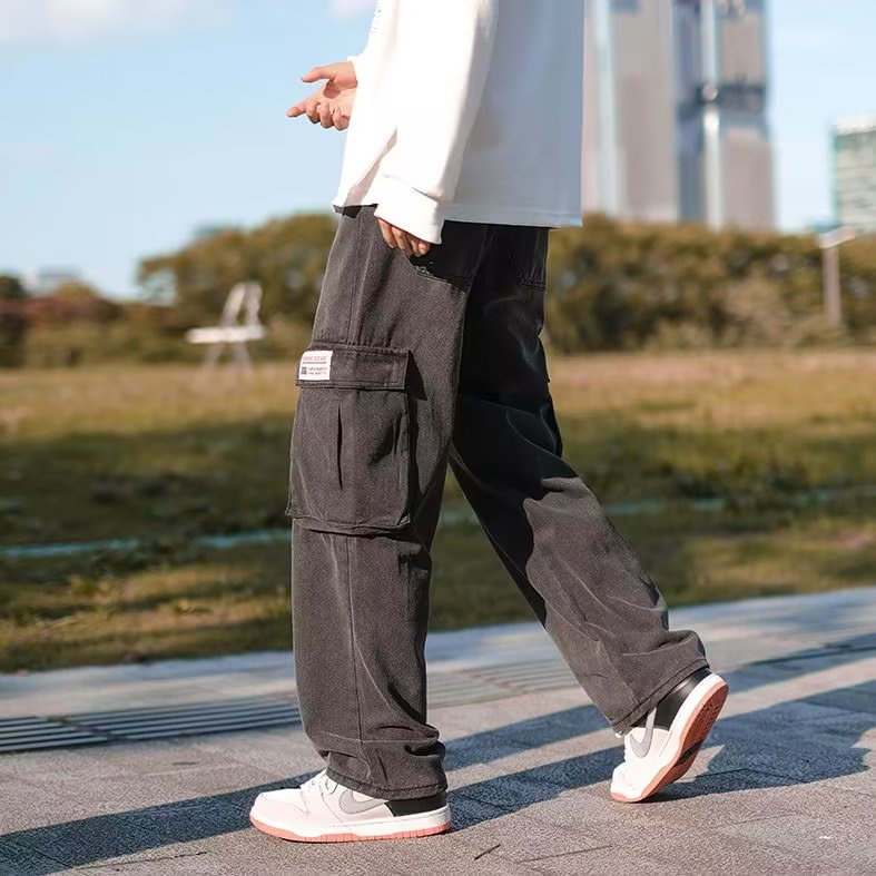 Quần Jean Dài Oversize Chống Mài Mòn Phối Túi Lớn Phong Cách hip hop Đường Phố Hàn Quốc Cho Nam Size S-3XL