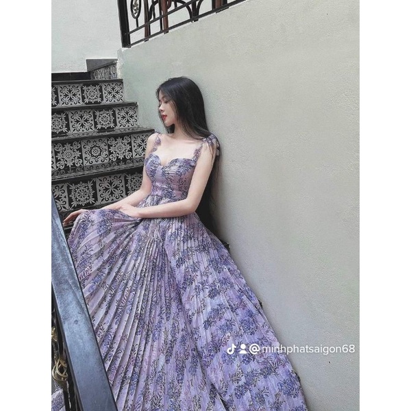 Đầm váy nữ dập ly hoa tím