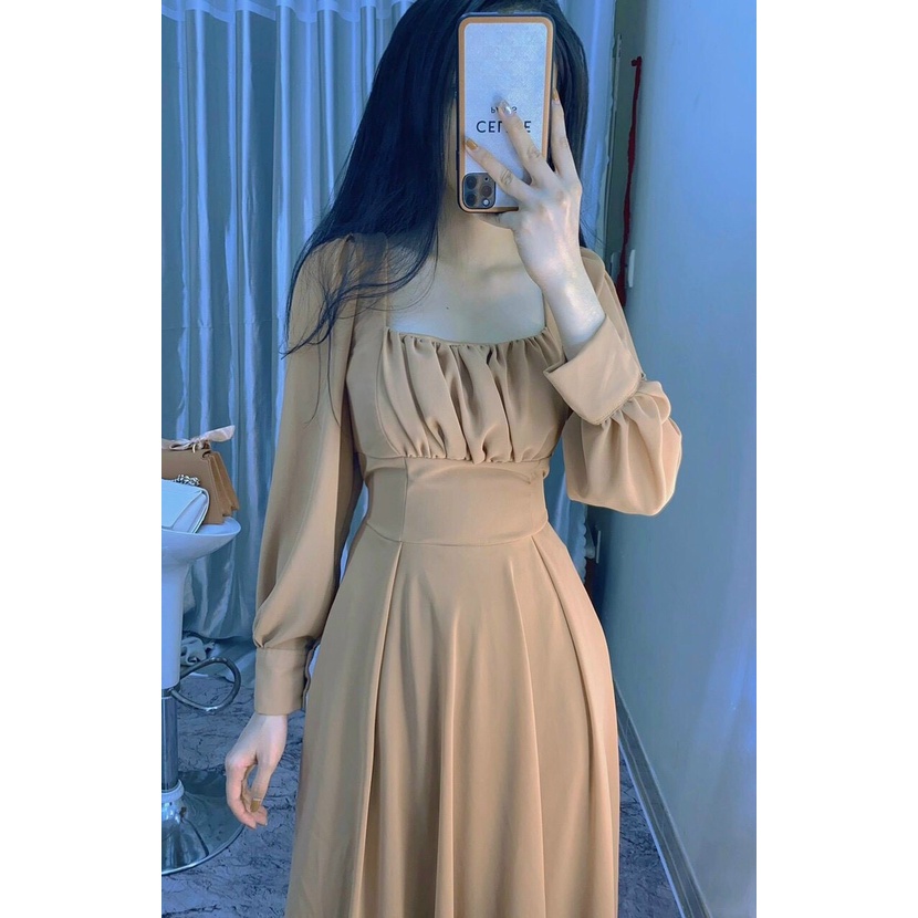 Đầm voan đi tiệc nữ maxi cổ vuông tay dài chun eo nhún ngực - hàng xịn 2 lớp cao cấp