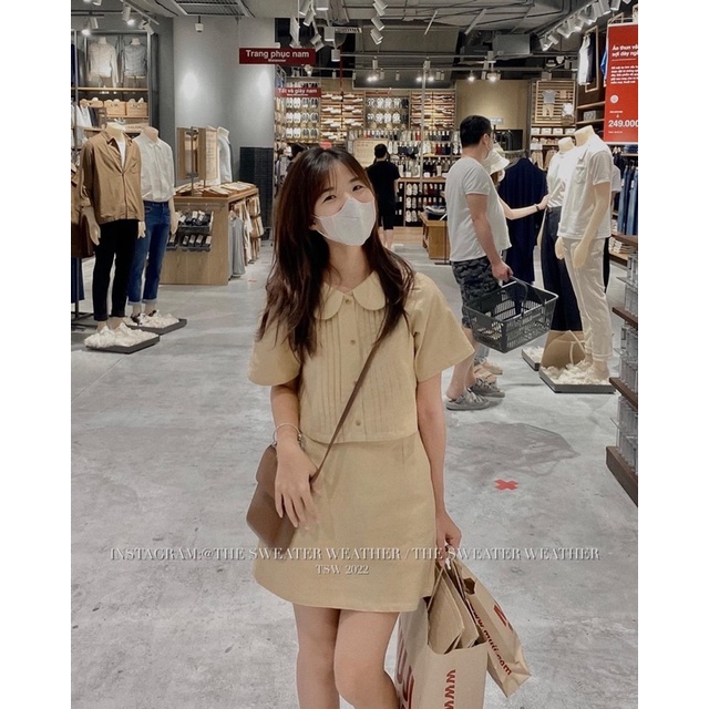 Sét váy đũi linen áo croptop ngắn tay cổ sen kèm chân váy dáng A kèm lót trong - Cuastore.vn