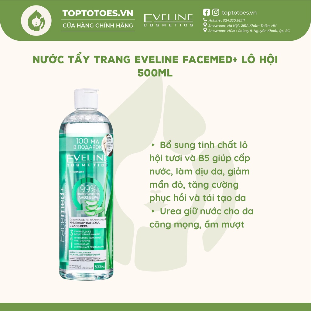 Nước tẩy trang Eveline Facemed+ Micellar Lô hội tẩy sạch nhẹ dịu, giữ ẩm cho da 500ml