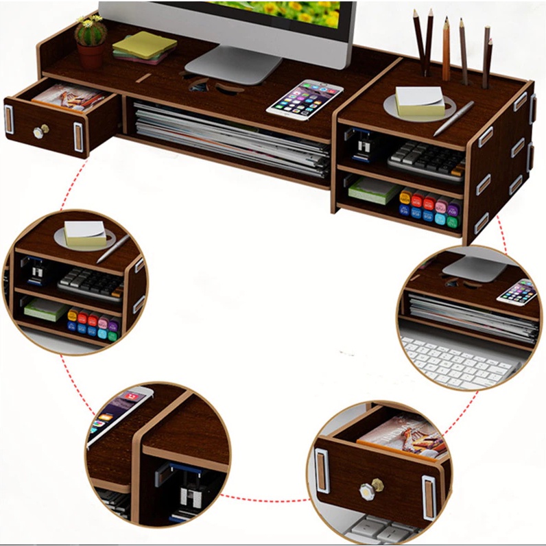 Kệ máy tính kệ sách kệ hồ sơ để bàn kèm cắm viết bằng gỗ KMT1