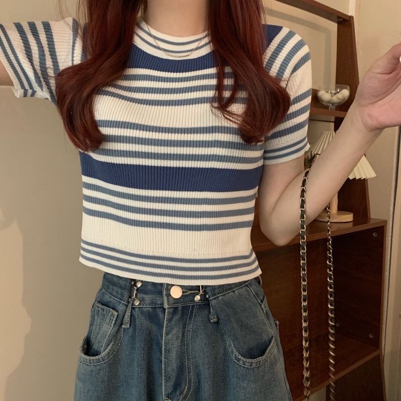 Áo thun ZHELIHANGFEI dệt kim tay ngắn cổ tròn họa tiết kẻ sọc trẻ trung thời trang