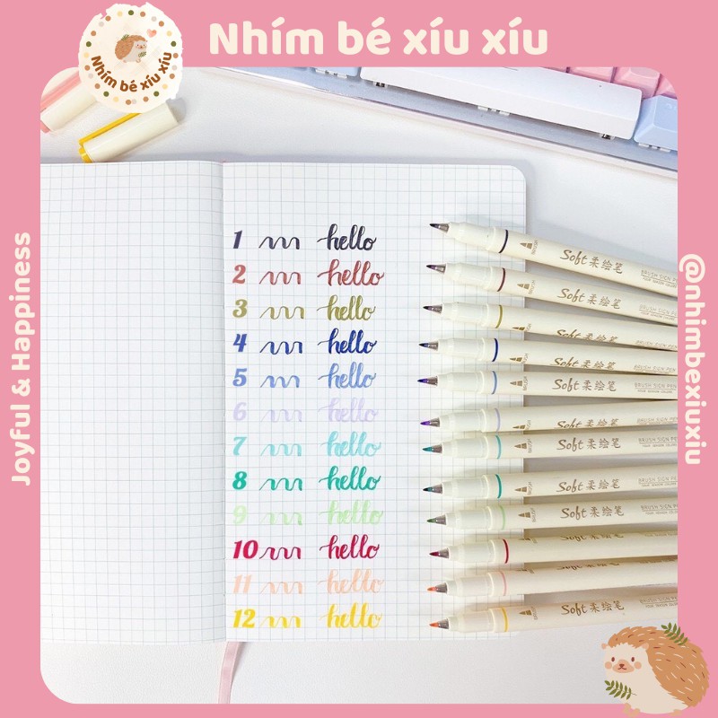 Bút SOFT Brush Calligraphy Lettering 12 màu sắc viết sổ Bullet Journal VT338