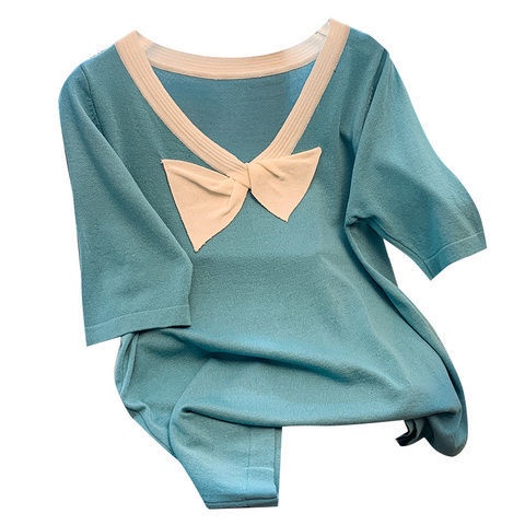 Áo Thun Dệt Kim Tay Ngắn Cổ Chữ V Thiết Kế Mới Thời Trang Mùa Hè Cho Nữ