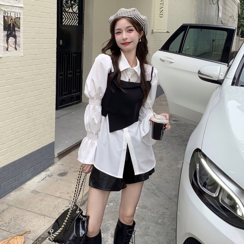 SET ÁO SƠMI TRẮNG TAY BỒNG TIỂU THƯ KÈM ĐAI ĐEN KHOÁ KÉO HAI DÂY SIÊU HOT✨-new item for this SPRING🌸