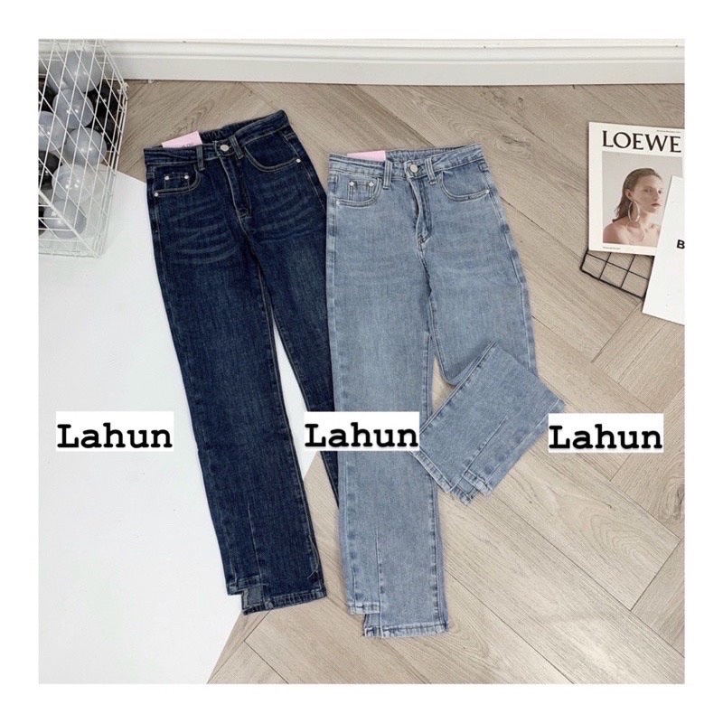 Quần jeans suông gấu lệch cạp cao co dãn