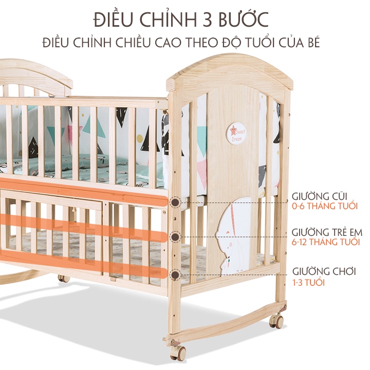 [FreeShip] Nôi cho bé kéo dài thành giường ghép bố mẹ kích thước 120cm tăng kích thước 160 cm