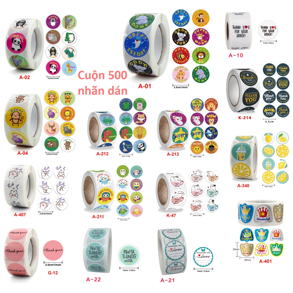 Cuộn 500 tem nhãn dán sticker khích lệ khen thưởng học tập cho bé yêu với nhiều họa tiết kèm slogan, Sticker Thank you