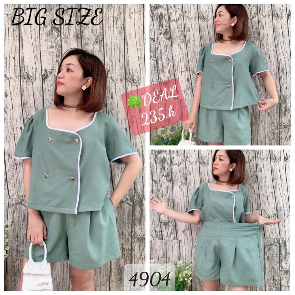 SALE Set BIG SIZE Shorts cổ vuông 4 nút, viền trắng 4904