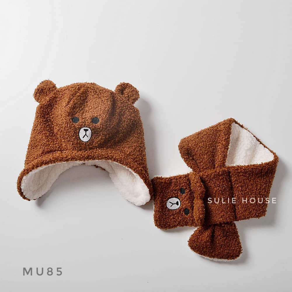 Set khăn mũ yếm gấu nâu lót lông Moinmlon - MU85