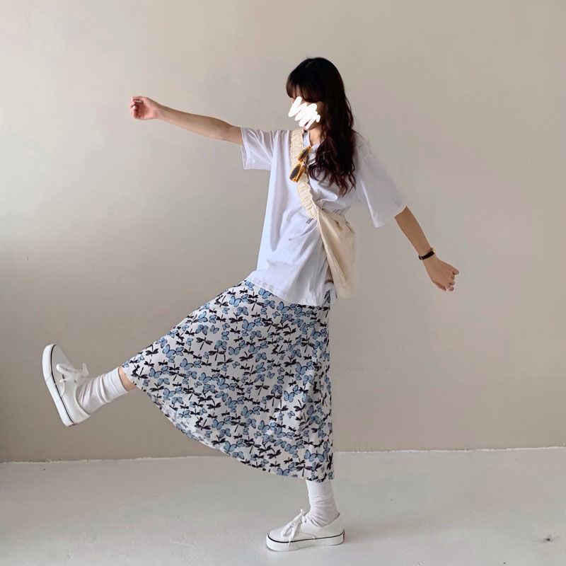 Chân Váy Dáng Dài In Họa Tiết Hoa Bướm Phong Cách Hàn Quốc Nữ Tính