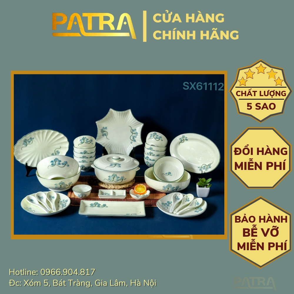 Bộ bát đĩa sứ Bát Tràng, bộ chén dĩa ăn cơm gia đình men kem họa tiết sen xanh, có bán các món lẻ