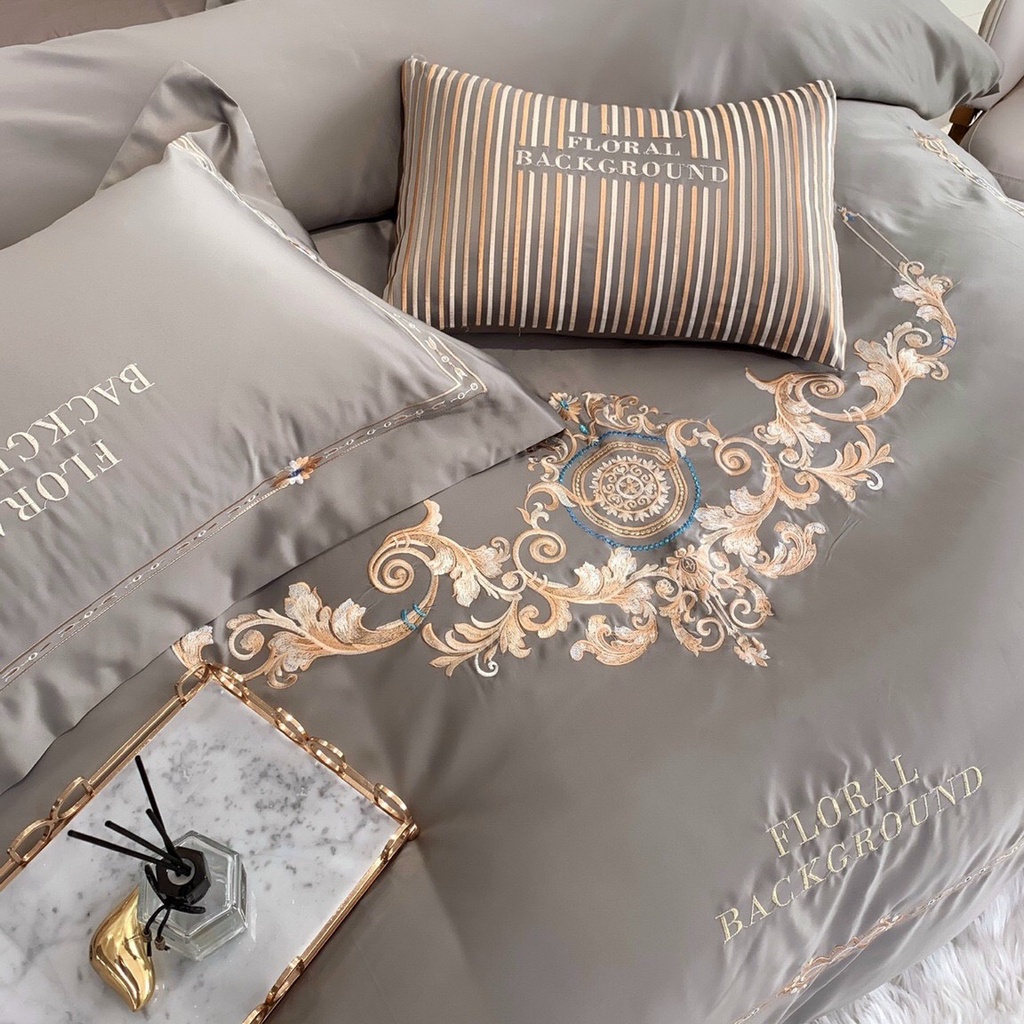 Bộ Chăn Ga Gối Đệm Lụa Thêu Hoàng Gia - Bộ Chăn Ga Cao Cấp Satin 40s Nhập Khẩu-Chăn Ga Cưới Lụa Cao Cấp
