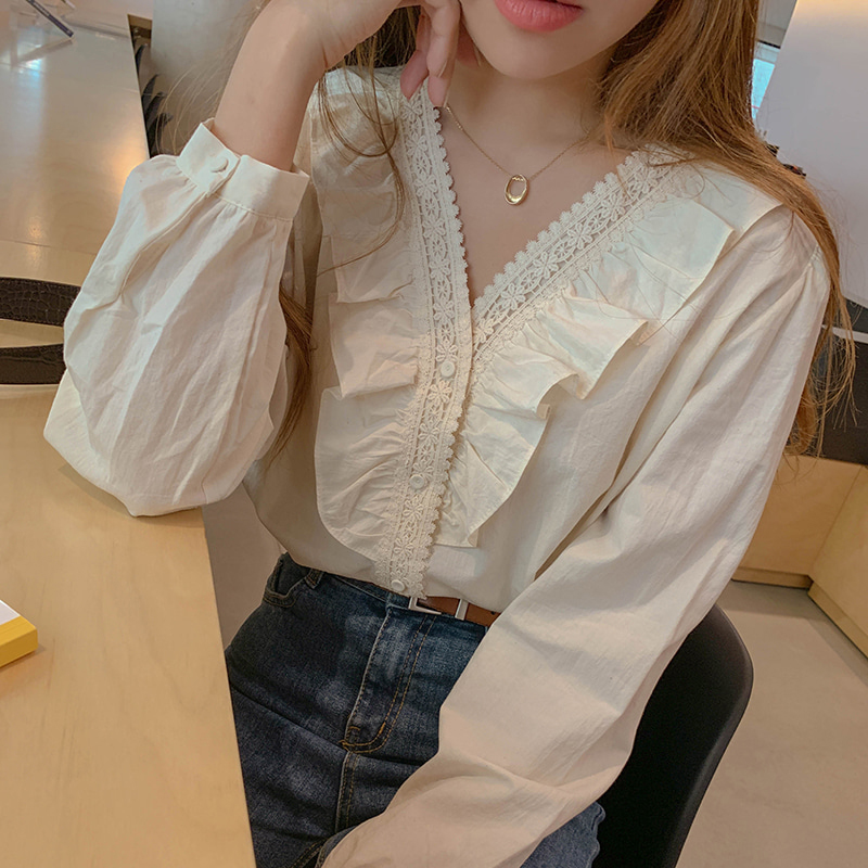 Áo sơ mi dài tay cổ V phong cách Hàn Quốc nữ tính dịu dàng