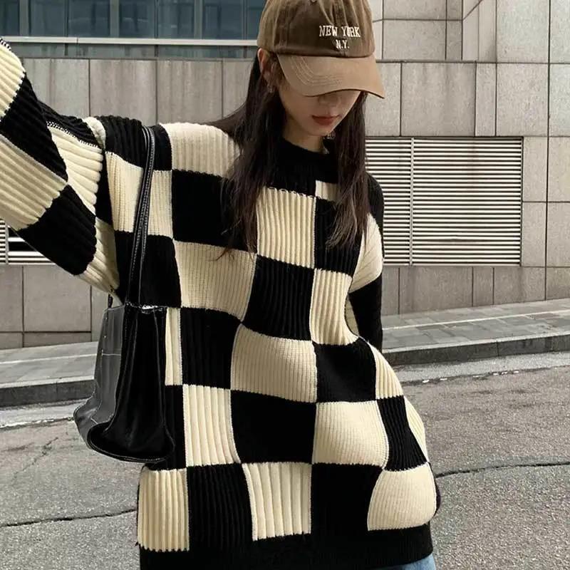 Áo sweater Tay Rộng Kẻ Sọc Caro Phong Cách Mùa Đông Mới