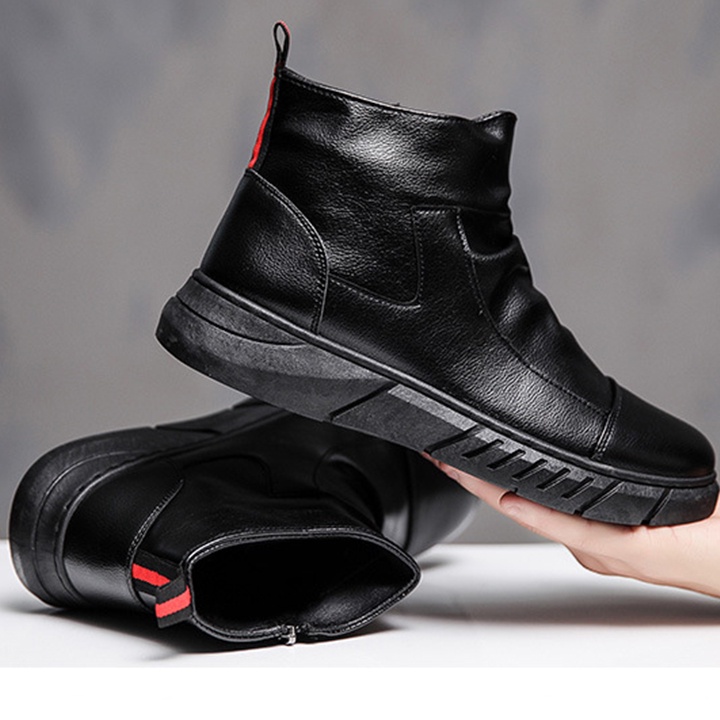 Giày Chel sea Boots Nam Cao Cổ Da Đen Mềm Đế Cao 5cm Phong Cách Nam Tính Tặng Kèm Đồng Hồ