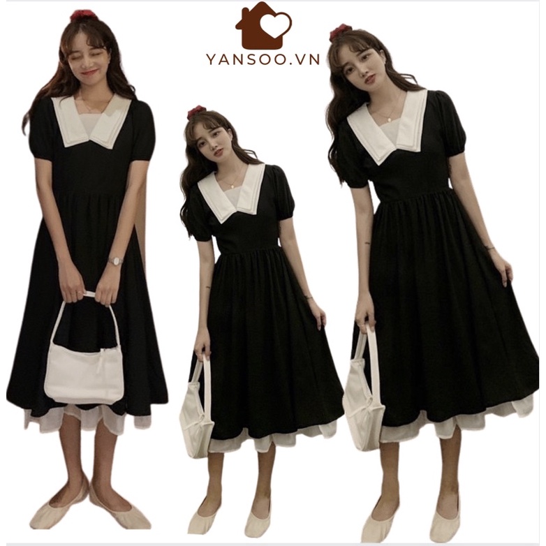 Váy nữ dáng xoè , đầm dự tiệc dáng dài thiểu thư cổ thuỷ thủ hai lớp YANSOO