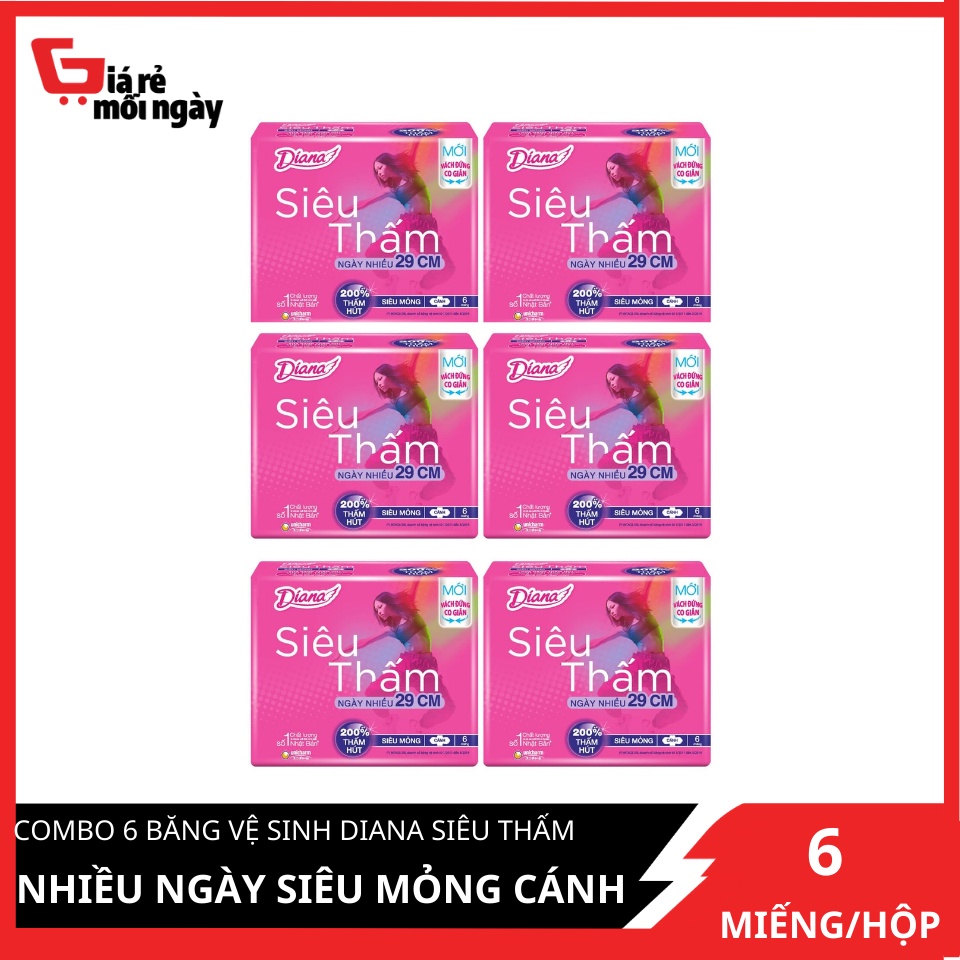 Combo 6 Băng vệ sinh Diana Siêu Thấm Nhiều Ngày Siêu Mỏng Cánh 29cm 6 miếng/gói