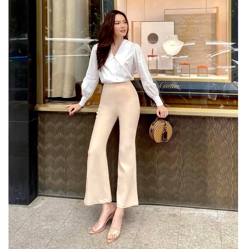 RECHIC Quần Chemise Màu Be Ống Loe Basic Thoải Mái Thời Thượng
