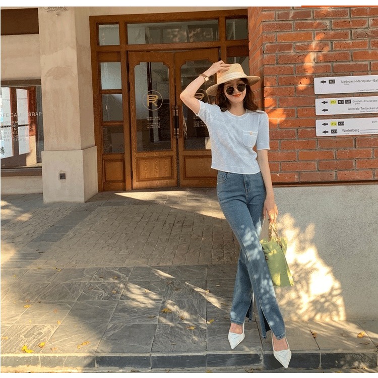 Áo Thun Dệt Kim Tay Ngắn Dáng Ôm Đơn Giản Phong Cách Hàn Quốc Cho Nữ