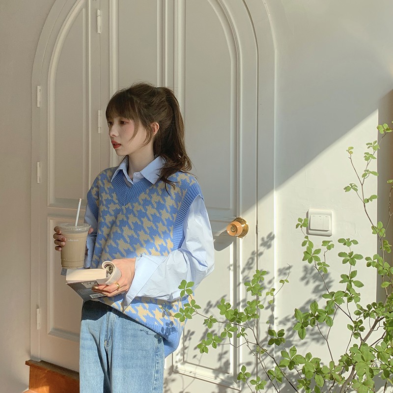 AL1_Áo Gile len họa tiết ziczac cổ V dáng rộng ulzzang | BigBuy360 - bigbuy360.vn