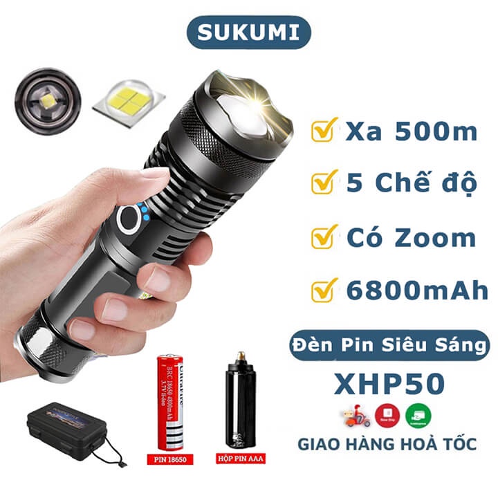 Đèn pin siêu sáng XHP50 chiếu xa 500m 5 chế độ có Zoom, chống thấm nước, pin lithium 18650 6800mAh, đèn pin cầm tay
