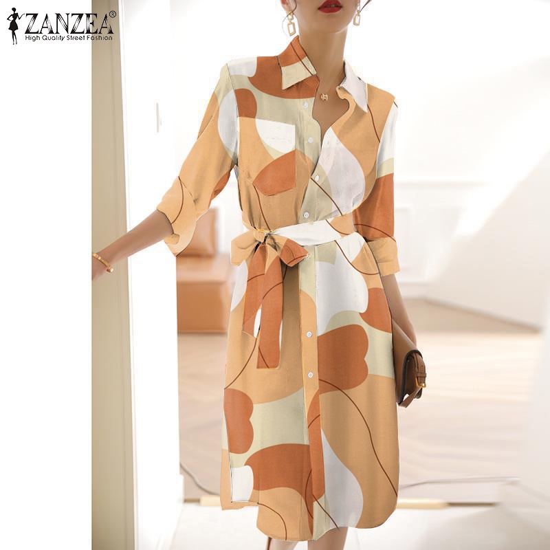 Đầm ZANZEA tay 3/ 4 in họa tiết hình học phong cách Hàn Quốc cho nữ