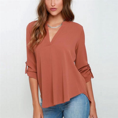 Áo kiểu chất Chiffon tay dài thiết kế cổ chữ V thanh lịch