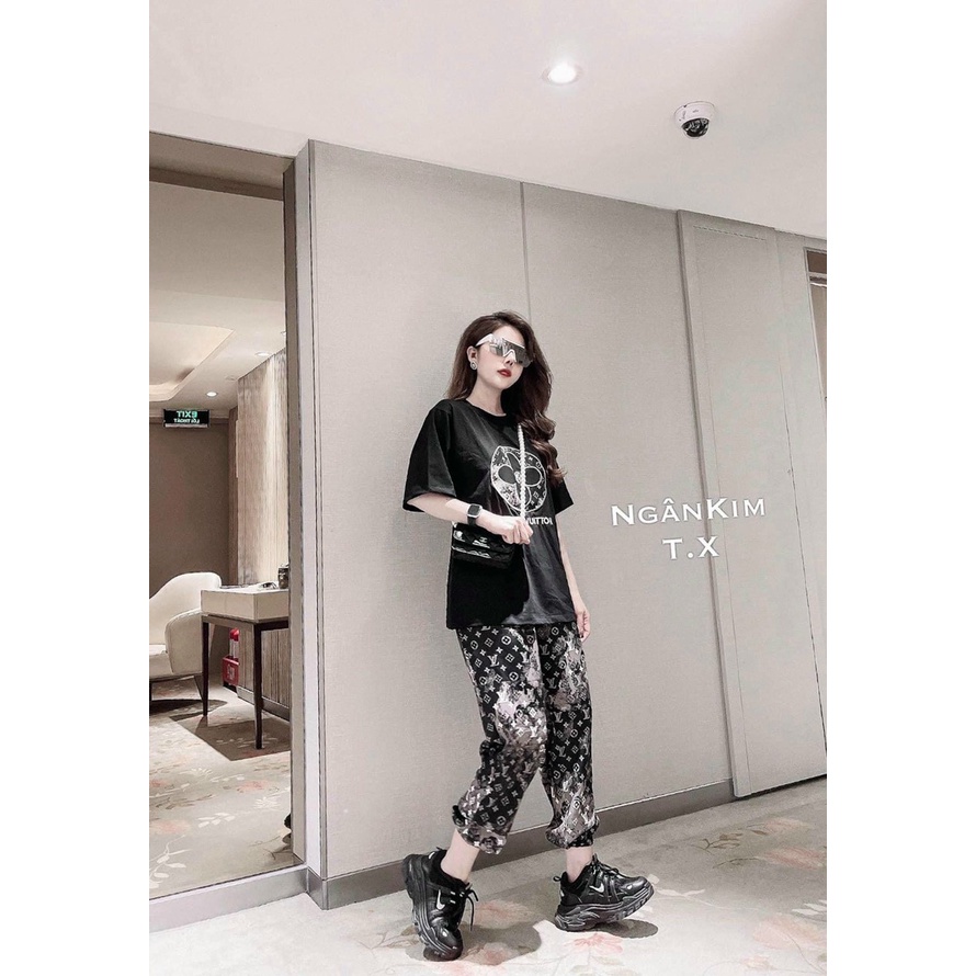 SET BỘ THỜI TRANG FOM RỘNG PHỐI HỌA TIẾT LV HOA THÊU