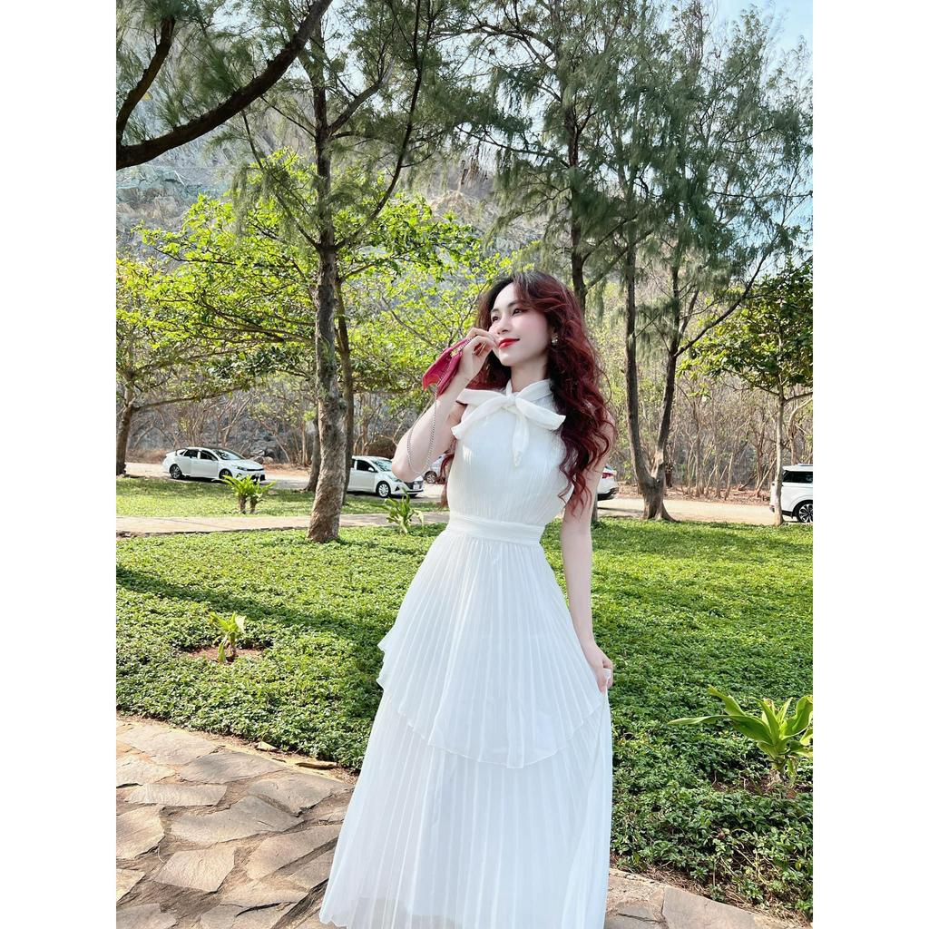 Set bộ đồ nữ tiểu thư sang chảnh với áo nơ cổ tơ xốp sọc mix chân váy voan dập ly form dài dành cho các nàng