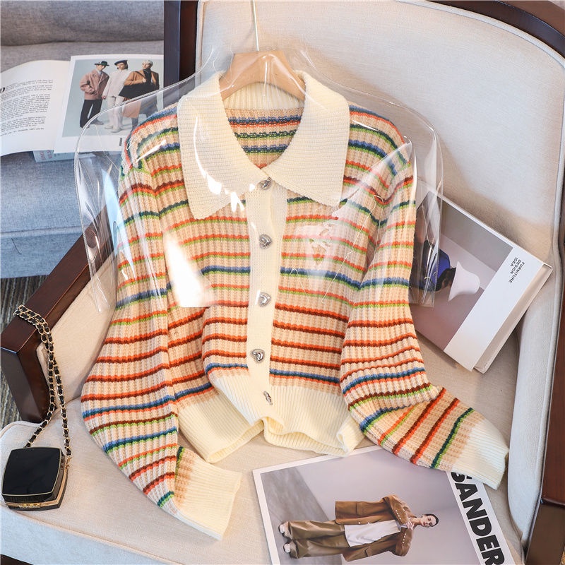 Áo Thun Nữ Dài Tay Cổ Bẻ Sọc Ngang Thời Trang Hàn Mới