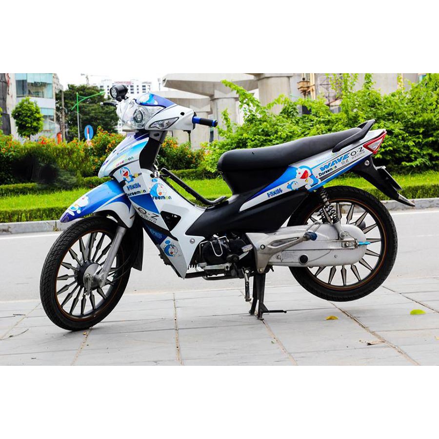 Tem trùm wave doremon xanh trắng alpha 100, độ phủ bộ team decal cho xe máy rẻ đẹp