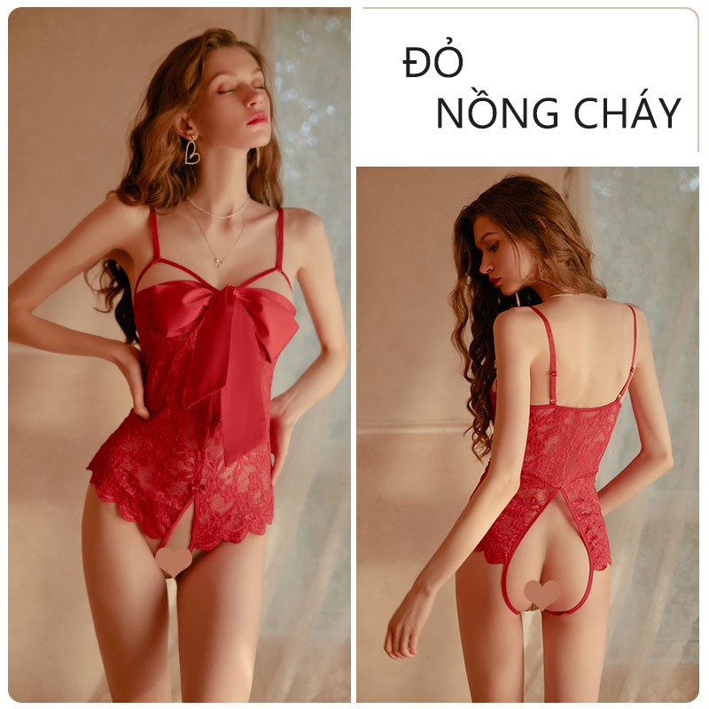 Đồ ngủ sexy nữ thiêu ren nơ trước ngực có thể cởi tăng ham muốn khoái cảm trong cuộc vui LUXREN DNTQ13