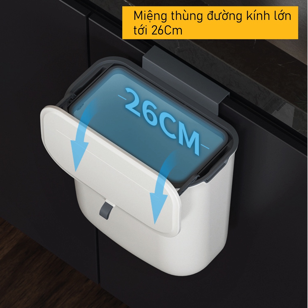 Thùng rác treo tủ bếp SUPO Mart 9L nắp trượt thông minh, thùng rác treo nhà vệ sinh có nắp đậy