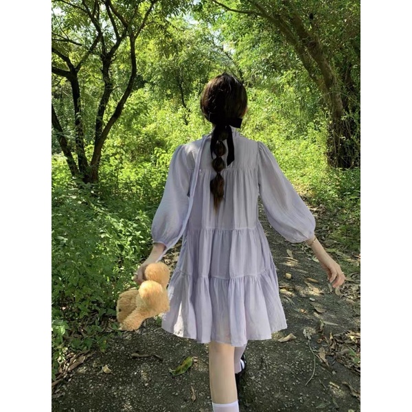 Váy Tơ Nhăn Kèm Đai Tay Dài Dáng Babydoll 4 Màu Siêu Xinh Có Ảnh Thật
