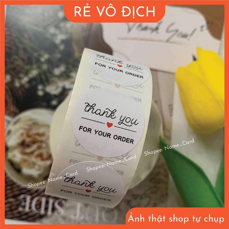 Tem dán  thank you, sticker thank you cuộn 500 cái, đường kính 2,5 cm, hàng có sẵn tại shop