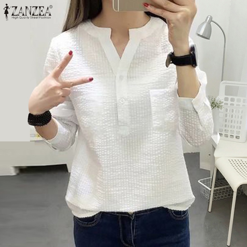 ZANZEA Áo Sơ Mi Nữ Tay Dài Cổ Chữ V Họa Tiết Sọc Thời Trang Phong Cách Hàn Quốc