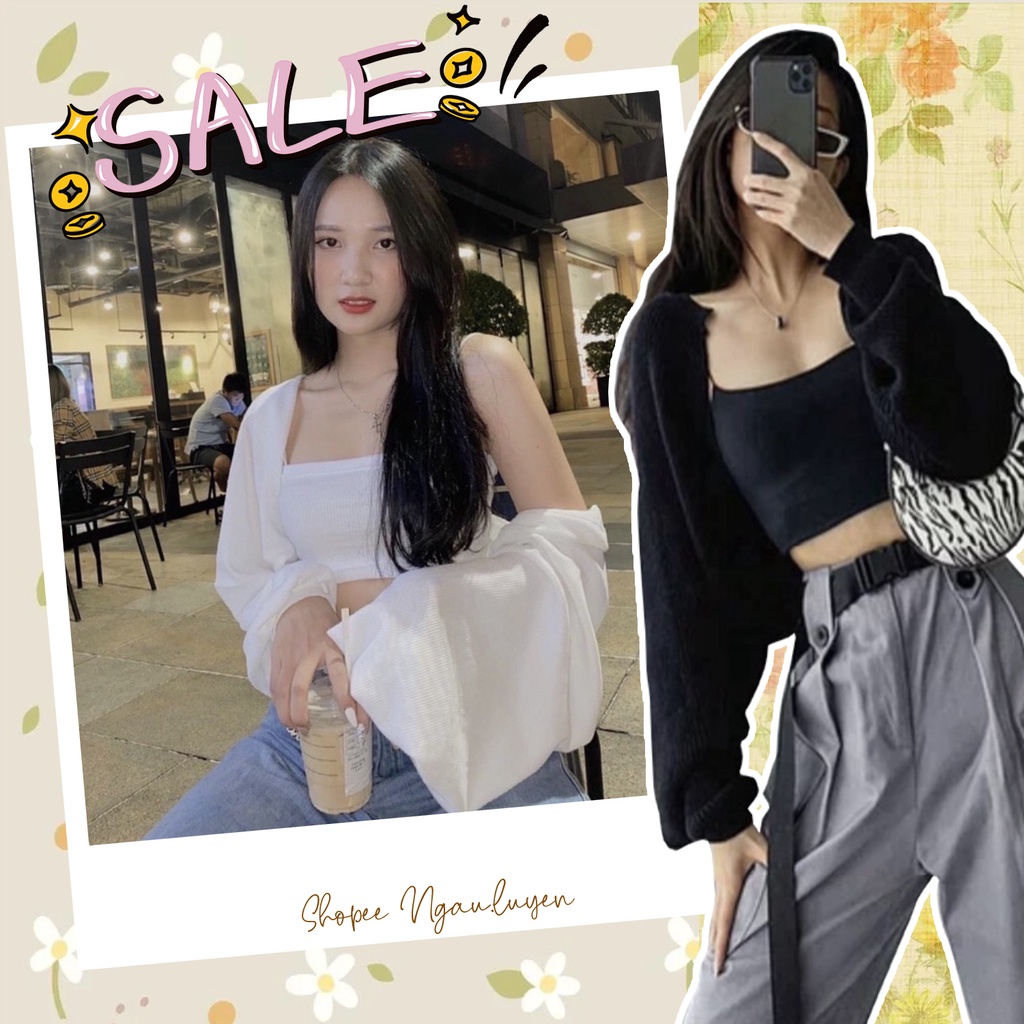 SA002 Set áo khoác cardigan nữ croptop tay bồng và áo 2 dây trắng đen