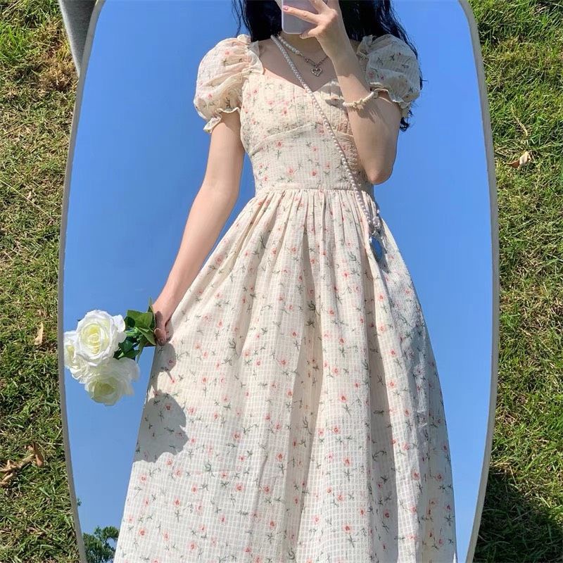 Đầm Midi Hoa Cut Out Lưng Váy Hoa Dáng Dài Nhíu Ngực Nơ Lưng Tay Bo Chun Nền Hoa Nhí Ngọt Ngào Cực Xinh Chất Mát Mịn