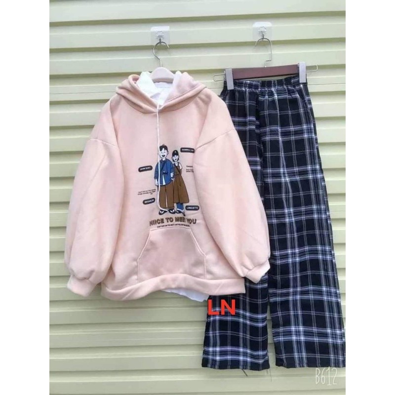 [Mã FAXANH245 giảm 10K đơn 50K] Sét áo hoodie hai người meet you+quần kẻ ô LN11