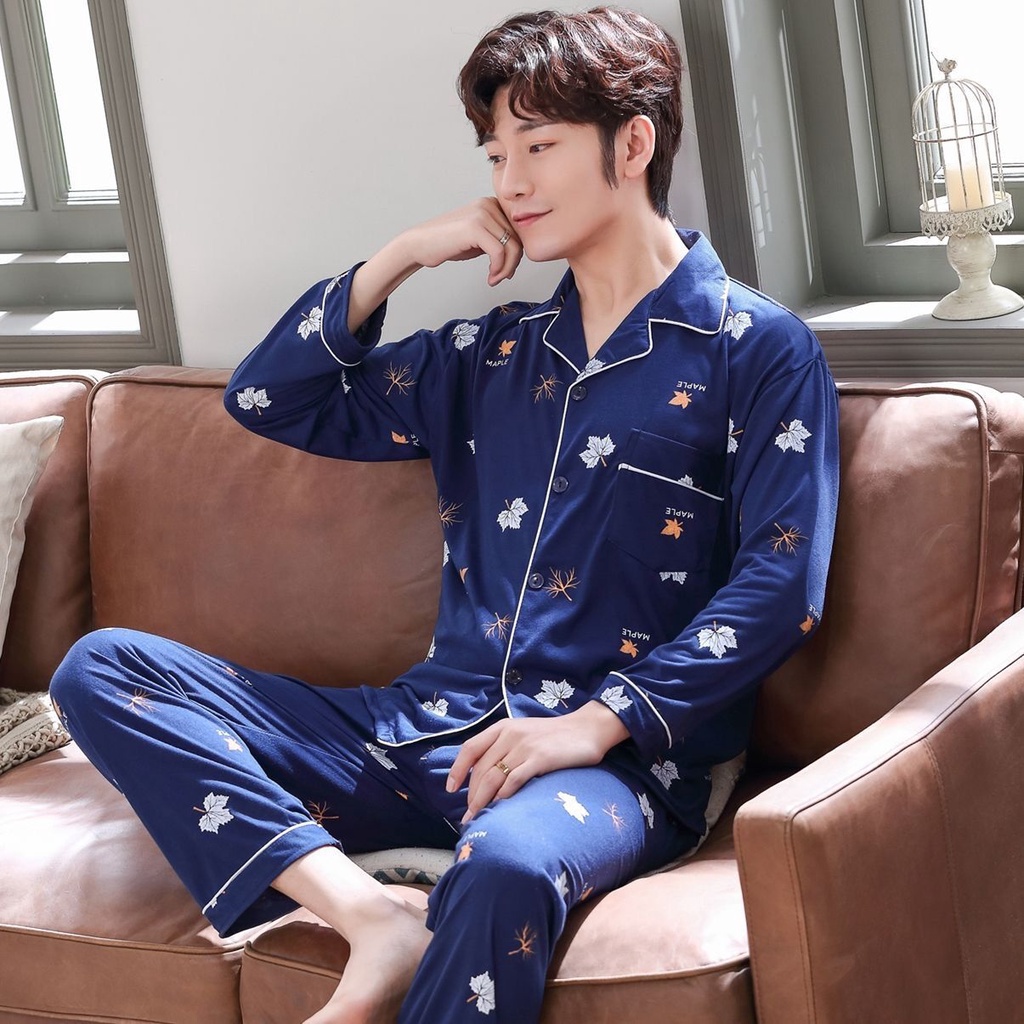 Bộ đồ ngủ tay dài chất cotton màu xanh lá thời trang xuân thu cho nam