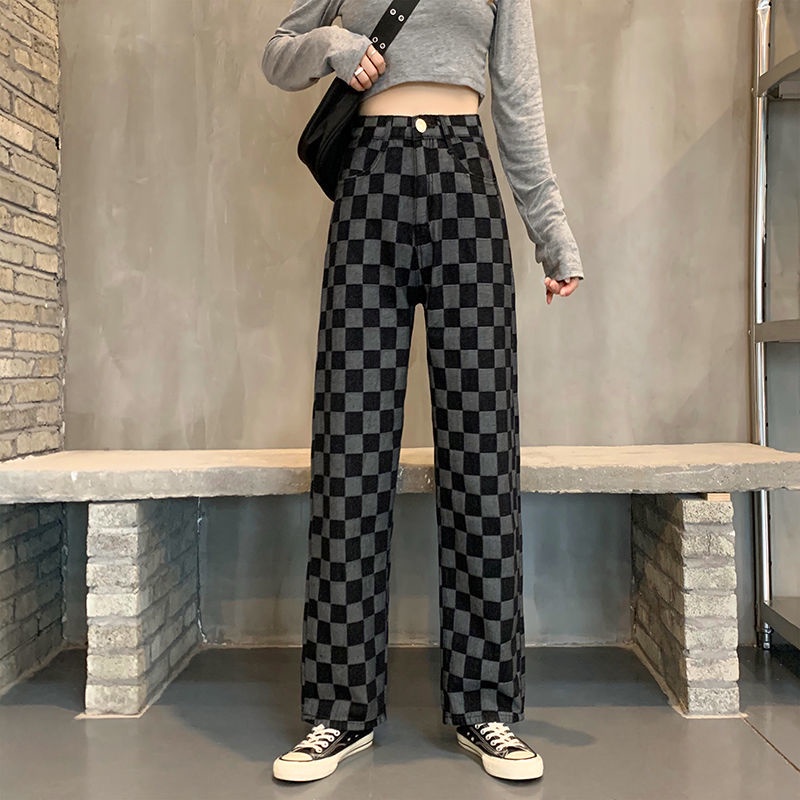 Quần jean IELGY ống rộng dáng suông họa tiết sọc mới cho nữ