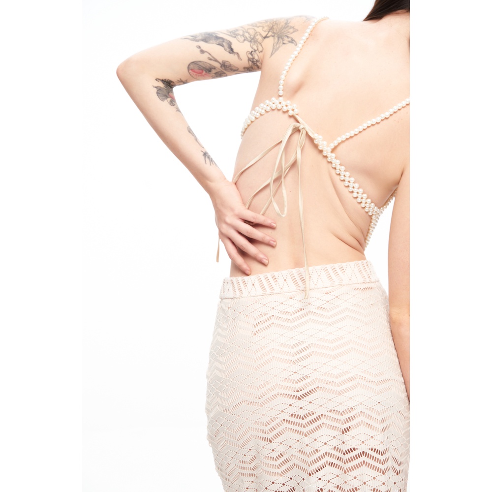 Chân váy ren lưới màu kem, là min - CROCHET MAXI SKIRT - CREAM