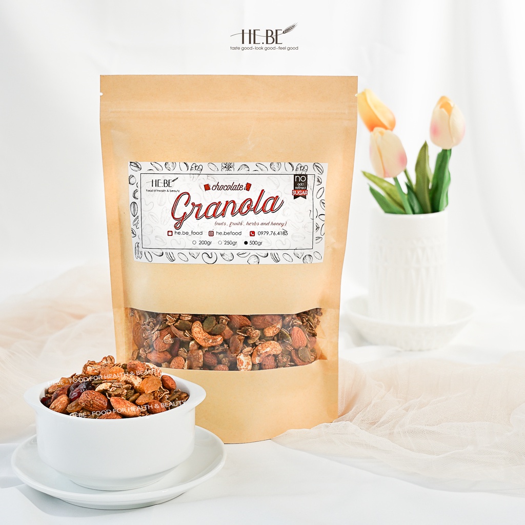 500g Granola Cacao Ăn Kiêng HeBe Không Đường Ngũ Cốc Giảm Cân Tự Nhiên